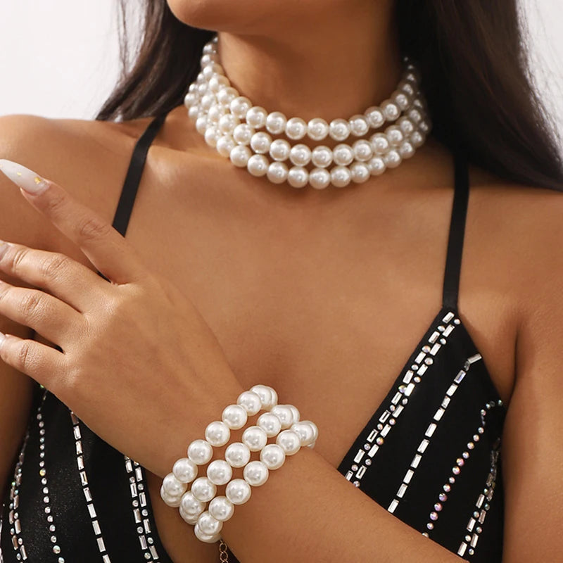 2024 Fashion Jewelry Exaggerated Elegant Multi Layered Pearl Necklace Luxurious Bracelet for Women Three Layered Pearl Necklace