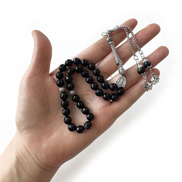 Hot Selling Islamic Religious Silver Plated Unisex Tasbeeh 33 Naturan Agate Stone Ball Chain Rosary Beads