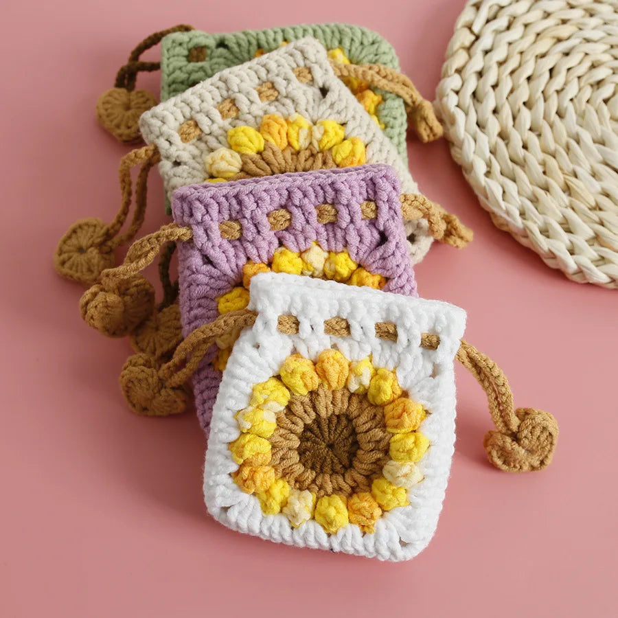 Handmade Sunflower Phone Bag Square Hollowed Phone Cases Crossbody Knitted Wallet Hand Crochetting Coin Purse Keychain