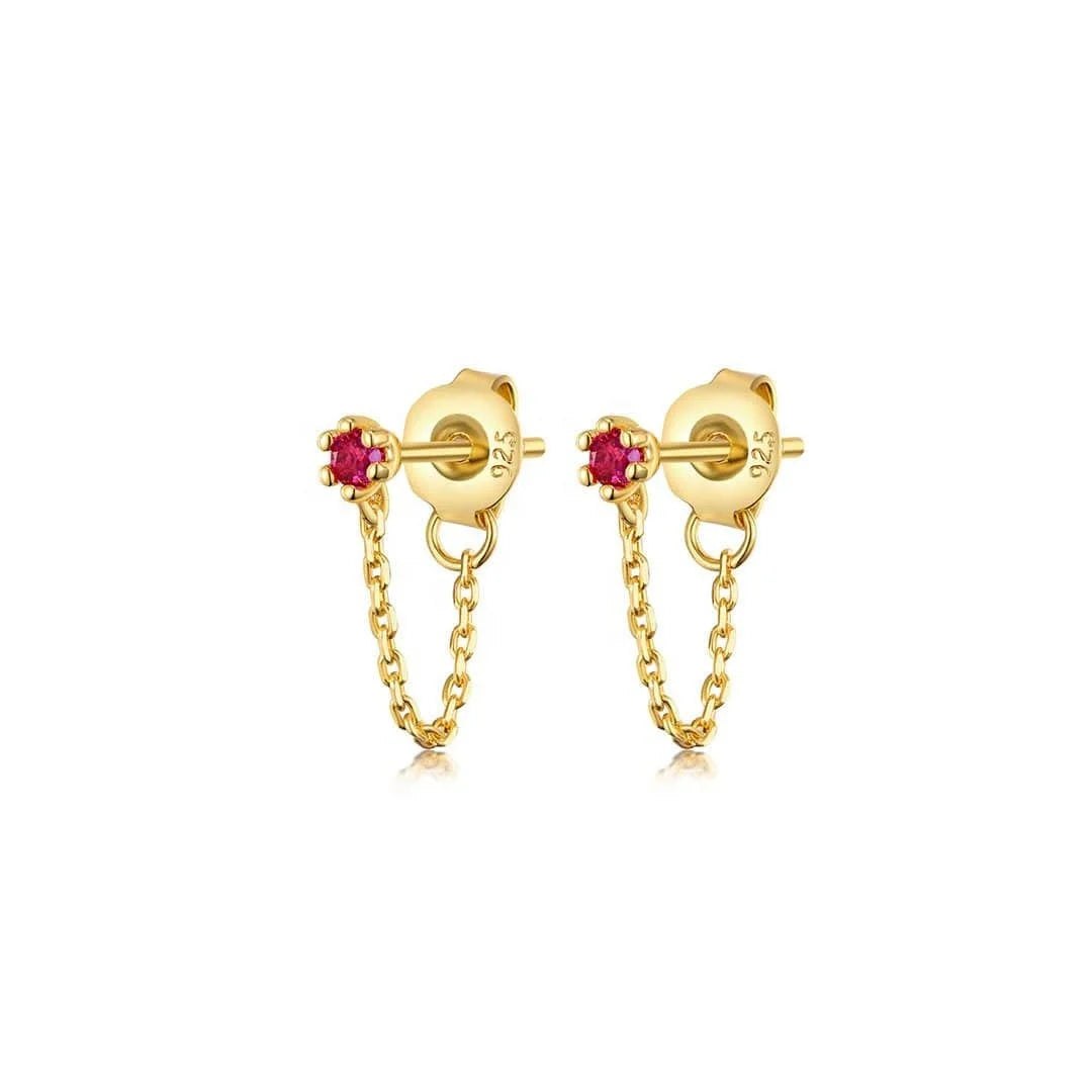 LOZRUNVE 925 Sterling Silver Statement Ruby Diamond CZ Chain Stud Earring Jewellery