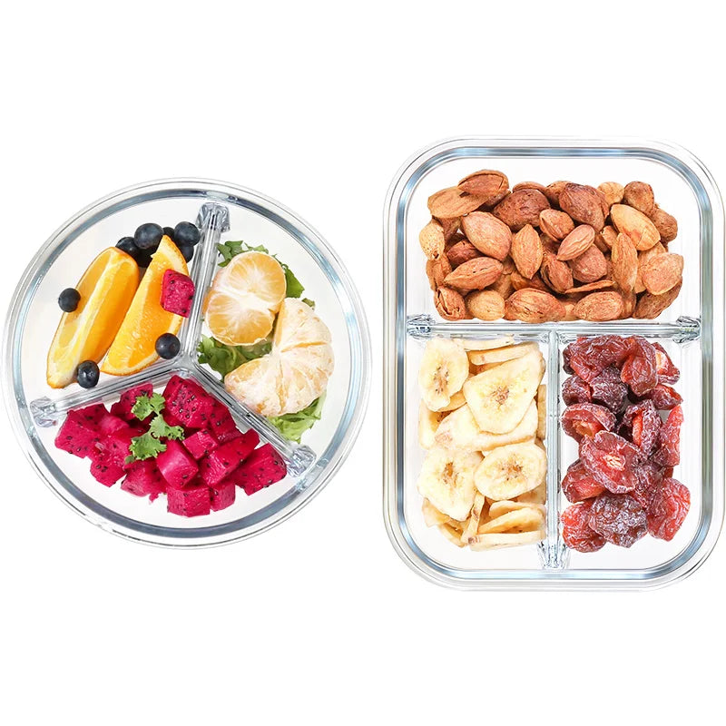 Hot Sale 3 Compartment Round Glass Lunch Box Microwave Oven Safe Food Storage with Vent Lid for Kitchen Use