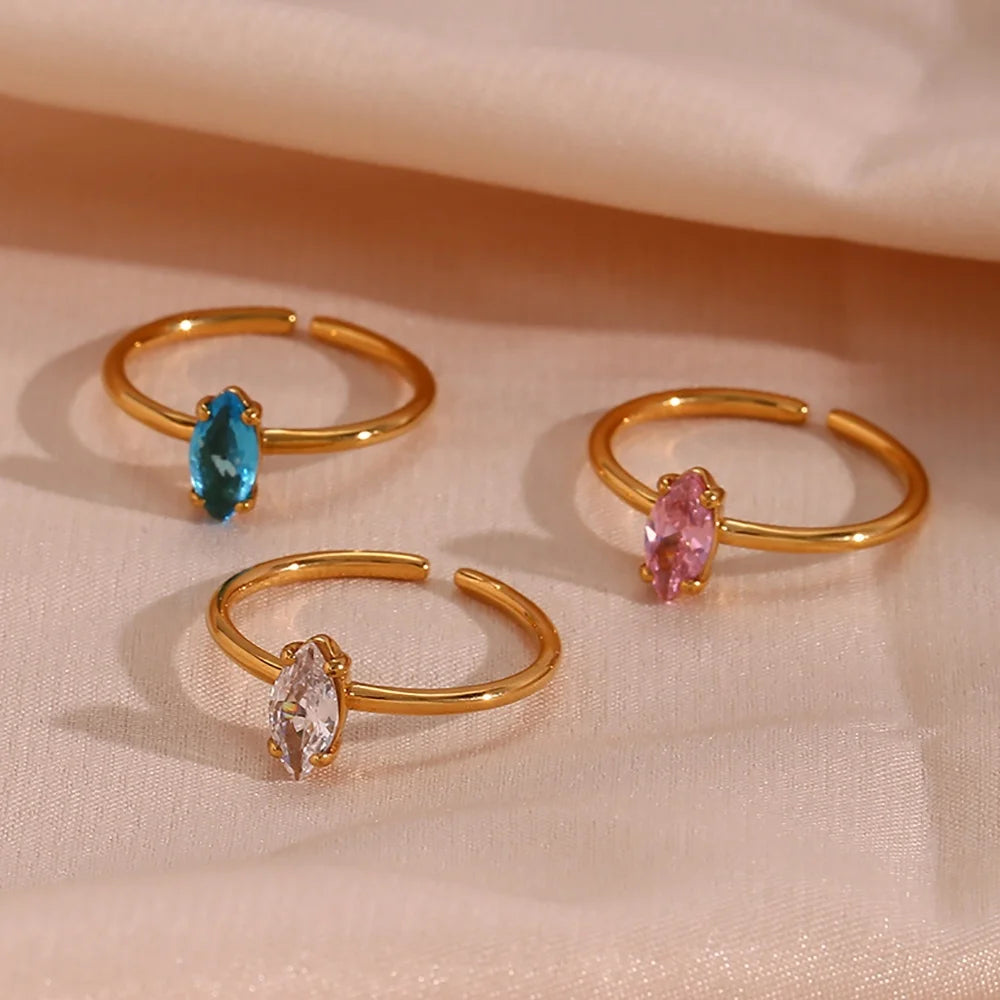 Open Design Crystal Horse Eye Zircon Rings 18K Gold Plated Stainless Steel Adjustable Ring