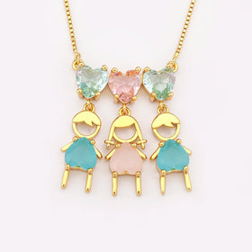 QIKU Cute 3 Kids Girl&Boy Heart Rhinestone Women Pendant Necklace Cubic Zircon Copper Sweet Jewelry Mother's Day Gift Wholesale