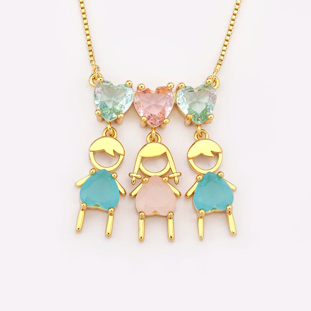 QIKU Cute 3 Kids Girl&Boy Heart Rhinestone Women Pendant Necklace Cubic Zircon Copper Sweet Jewelry Mother's Day Gift Wholesale