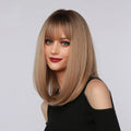 Synthetic Wig Long Straight Root Dark Brown Ombre Brown Bob Inner Buckle with Bangs for Woman Wigs Daily Use
