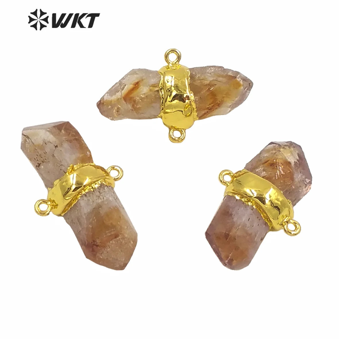 WT-P1613 Amazing Natural Raw Stone Yellow Citrines Quartz Point Pendant Women Gold Double Loops Spirit Quartz Point Pendants
