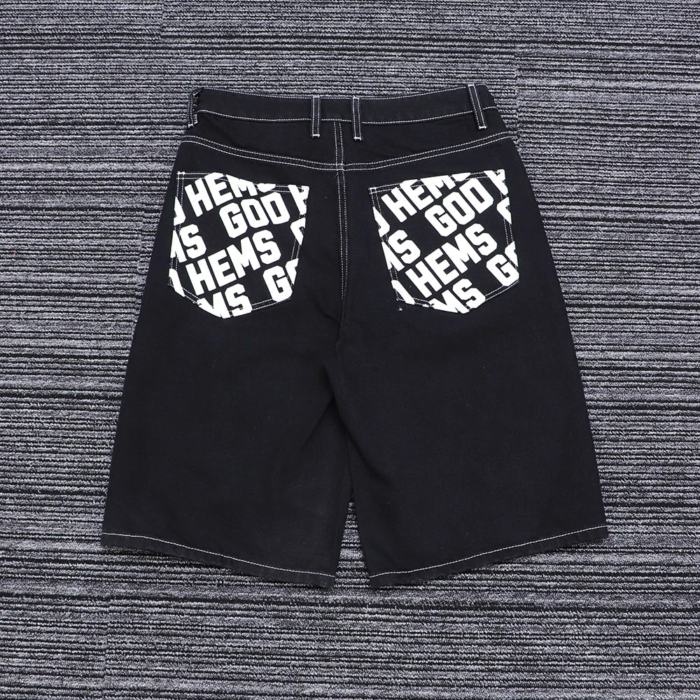 MC BUILD Casual Hip Hop Streetwear Jean Shorts Stonewashed Black Summer Mens Jorts with Letter Print Pocket
