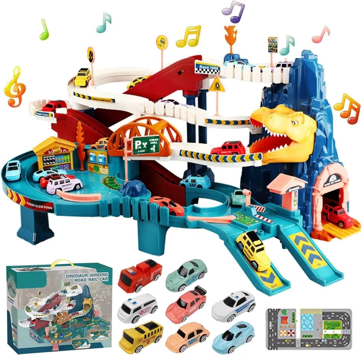 Slot Toys Dinosaur Winding Road Rail Car Climbing Hills Rail Car Colorful Vehicles Toys Set with 8 Racer Cars for Kids