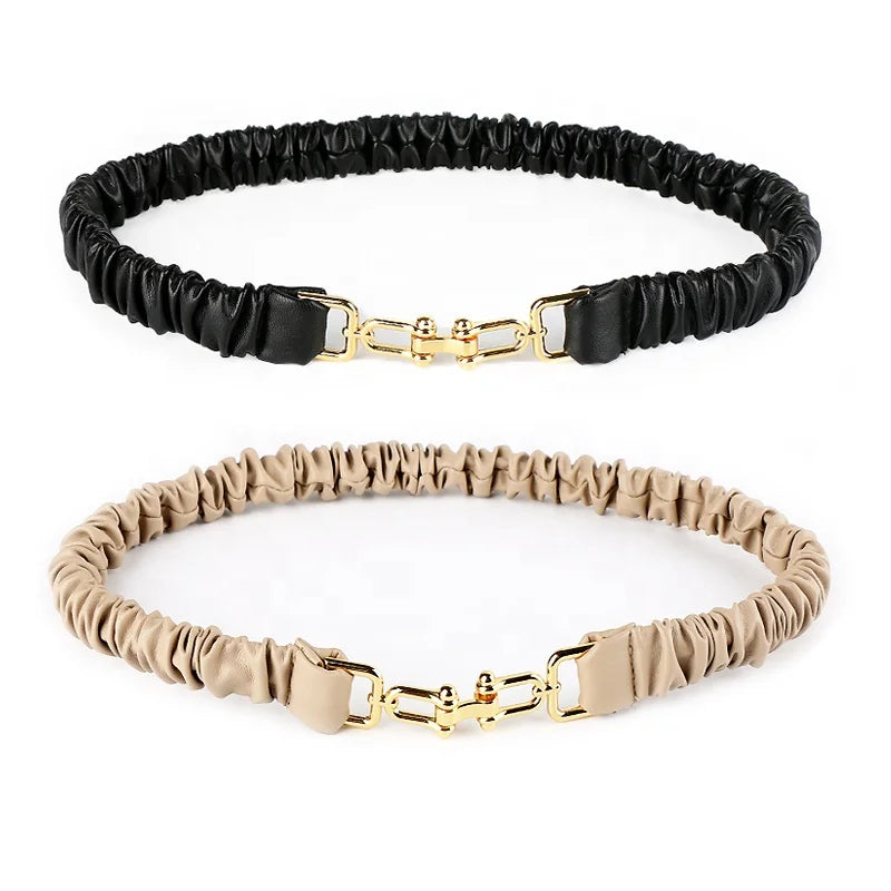 Ladies Decorative Waist Chain with Pleated Soft Leather Fashion Stretch Belt Featuring Alloy Buckle