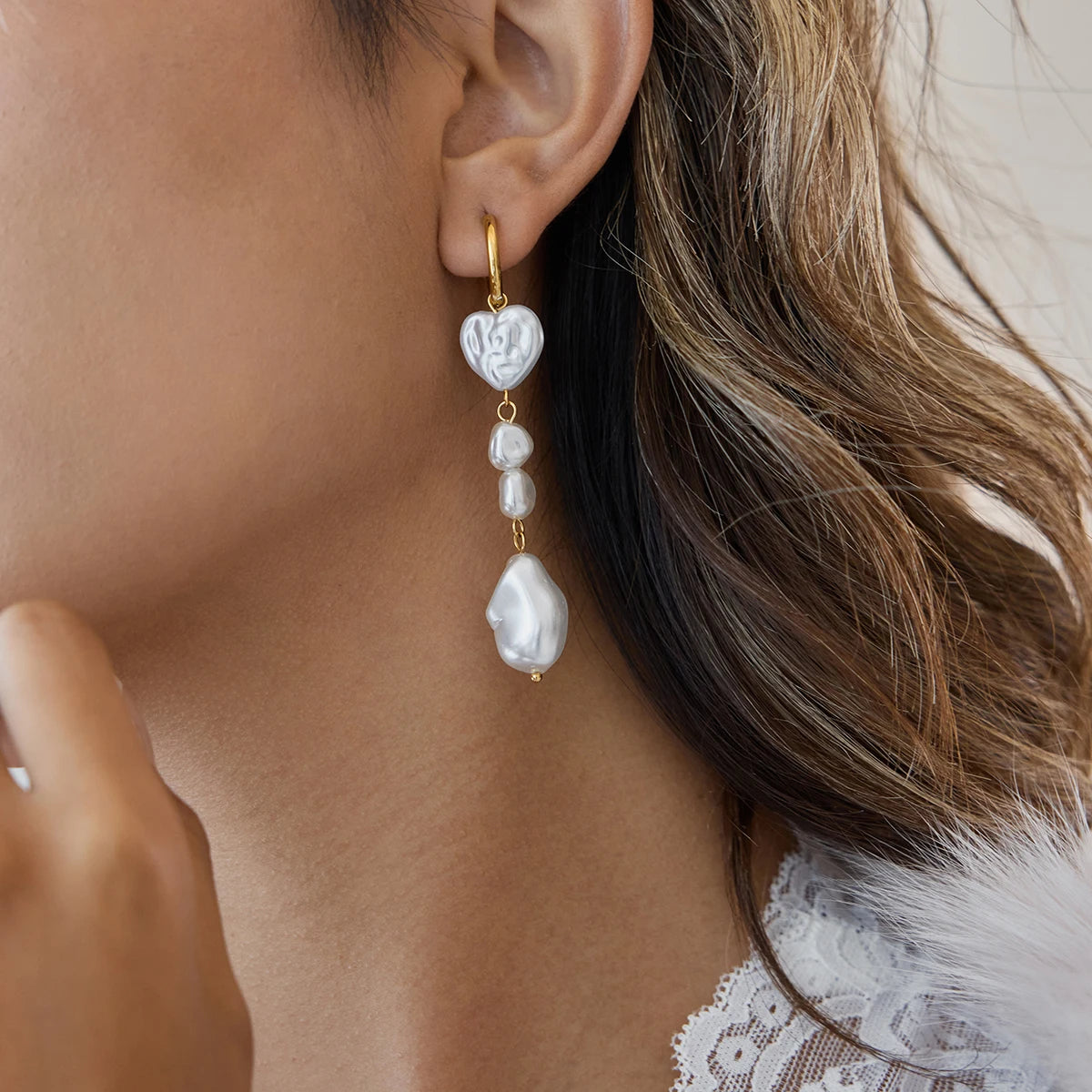 J&D Elegant 18K Gold Plated 304 Stainless Steel Glass Irregular Pearl  Waterdrop Zircon Pendant Earrings