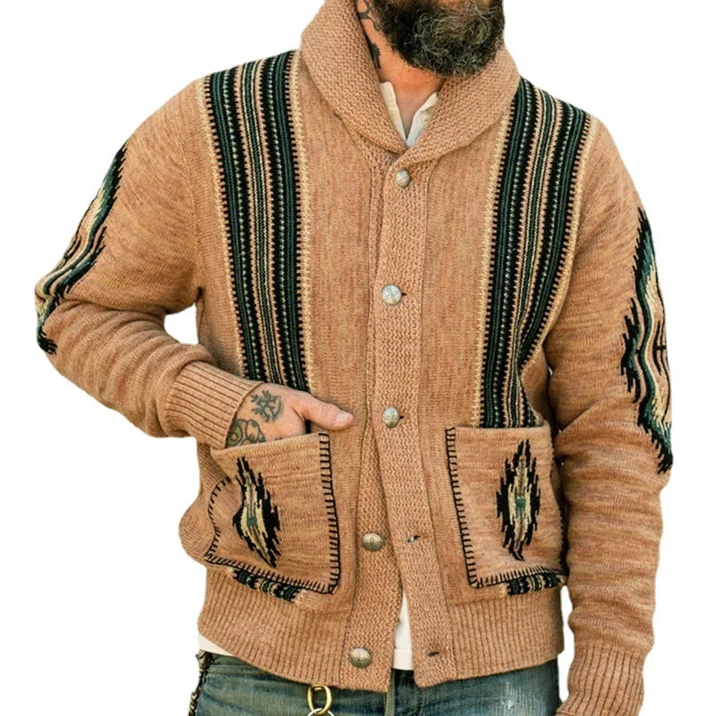 Vintage Aztec Pattern Jacquard Button up Shawl Collar Knitted Men Knitwear Cardigan Sweater With Pockets