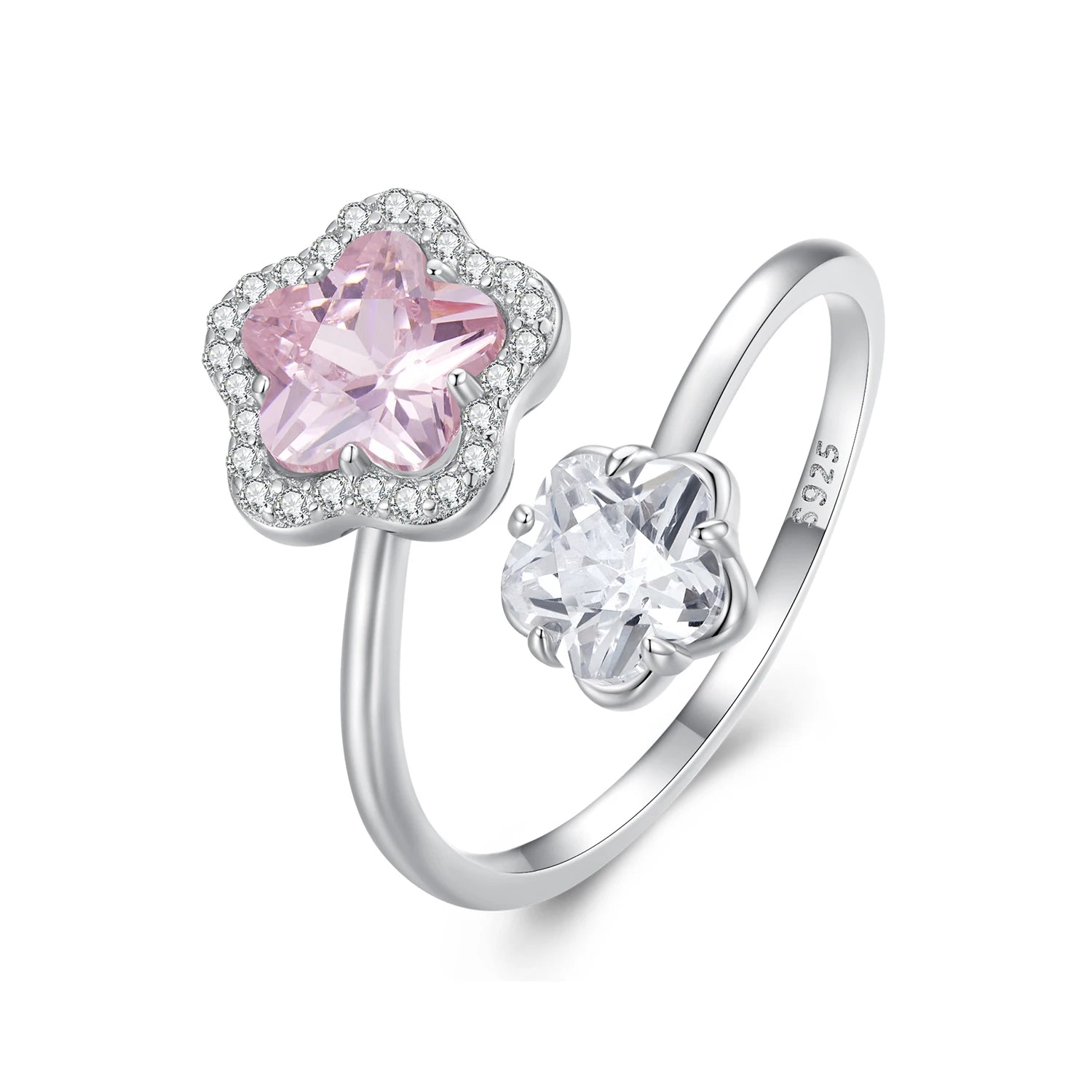 925 Sterling Silver Dazzling Pink Flower Opening Ring Cute Cherry Blossoms Adjustable Ring for Women Valentine's Day Gift BSR439