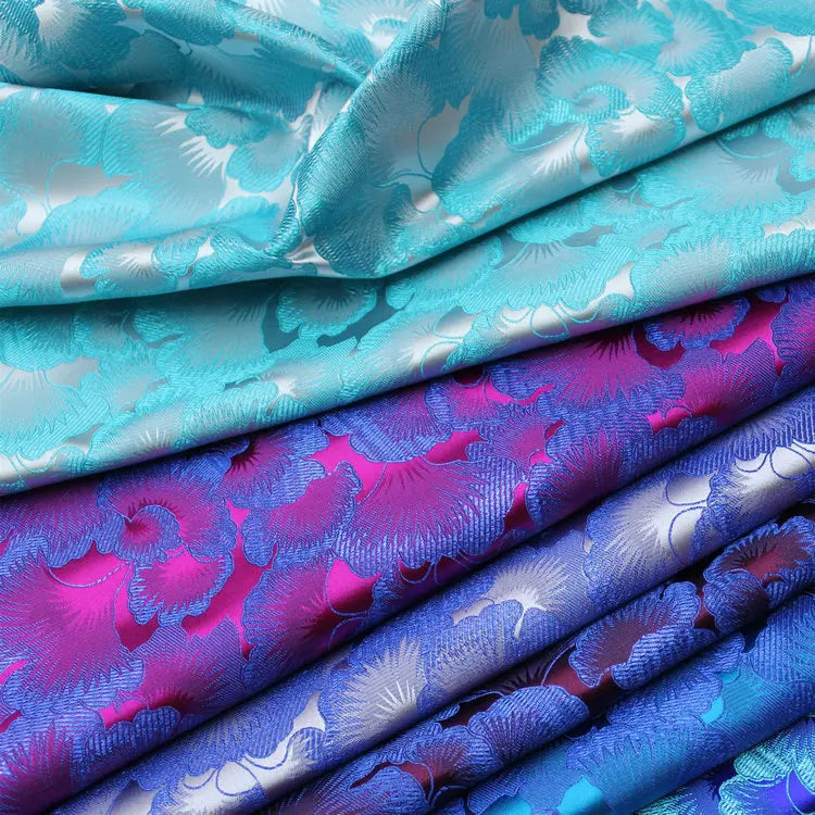 Chinese Traditional Manufacture High Quality Brocade Fabric Jacquard Leaves Shiny Blue for Men Women Kimono Clothing Jacket
