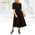 Factory Wholesale Custom Women's Summer Elegant  Black Smocked Bodice Short Sleeves Lace Button Sweet Long Casual Dresses