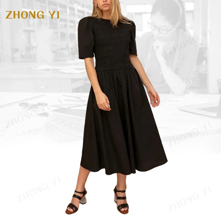 Factory Wholesale Custom Women's Summer Elegant  Black Smocked Bodice Short Sleeves Lace Button Sweet Long Casual Dresses