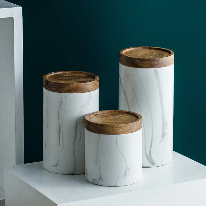 Retro Marble-sealed Large Ceramic Storage Canister with Wooden Lid Coffee Tea Food Storage Kitchen Counters Holiday Occasions