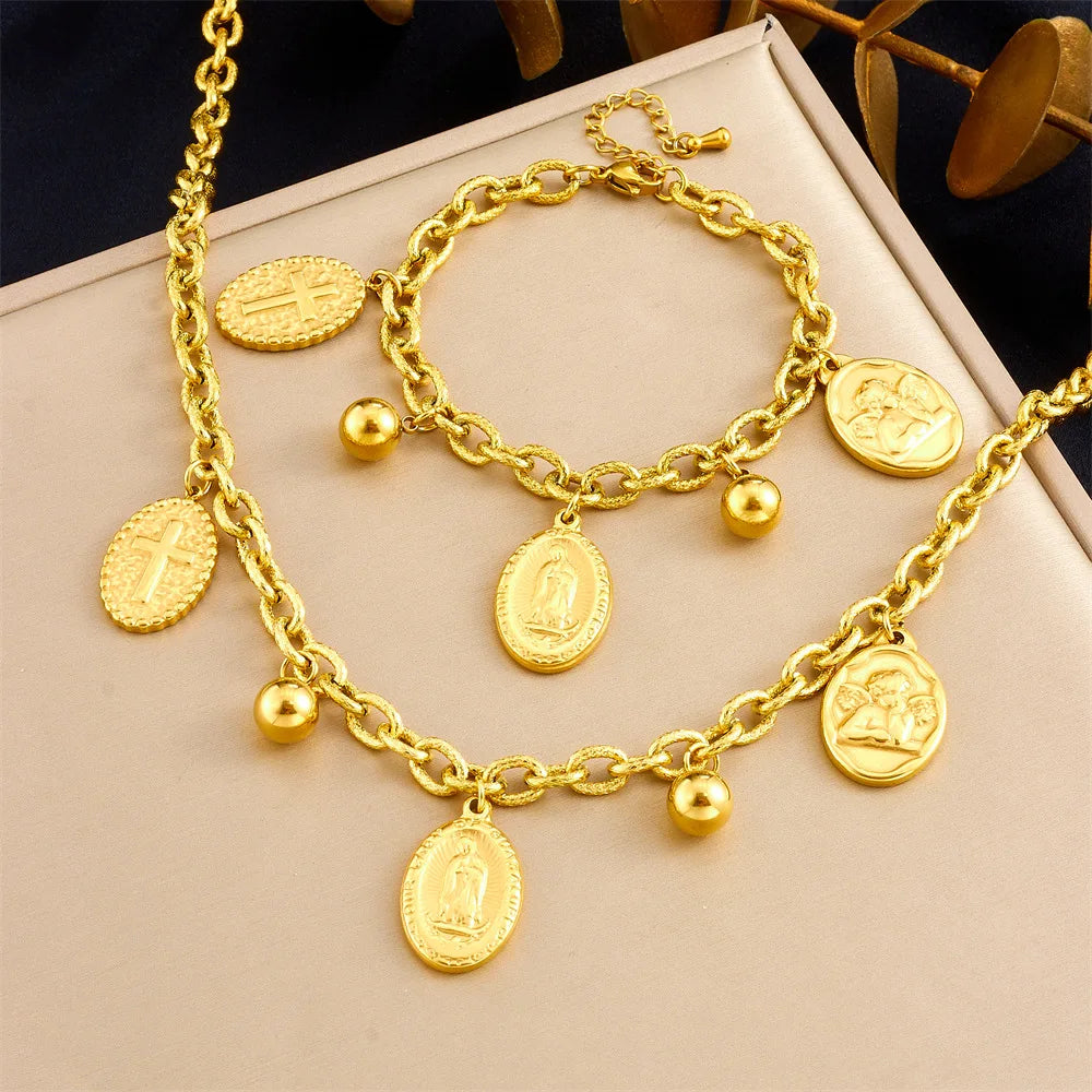 New 18k Gold Plated Stainless Steel Virgin Mary and the Angels Charm Jewelry Set Tarnish Free Necklace Bracelet Set for Women