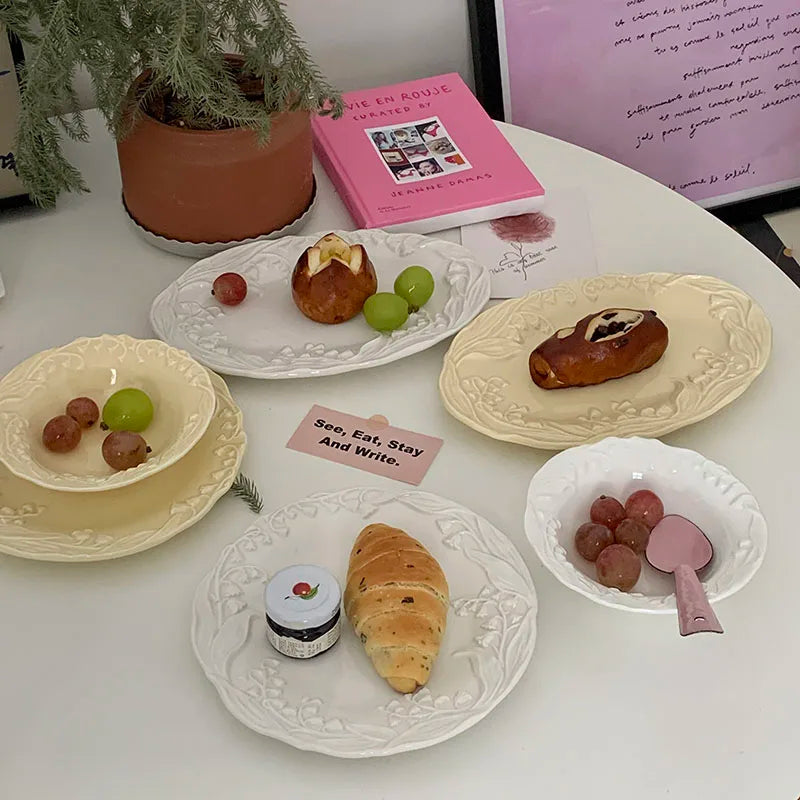 Factory Direct Sell Embossed Lily of the Valley Ceramic Tableware Set Ins Korea Ceramic Dessert Salad Plate Creative Rice Bowl