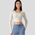 Lightweight Round Neck Long Sleeve Gym T-Shirt with Thumb Hole & Fixed Chest Pad Breathable Fast Dry Yoga Top Skinny Design