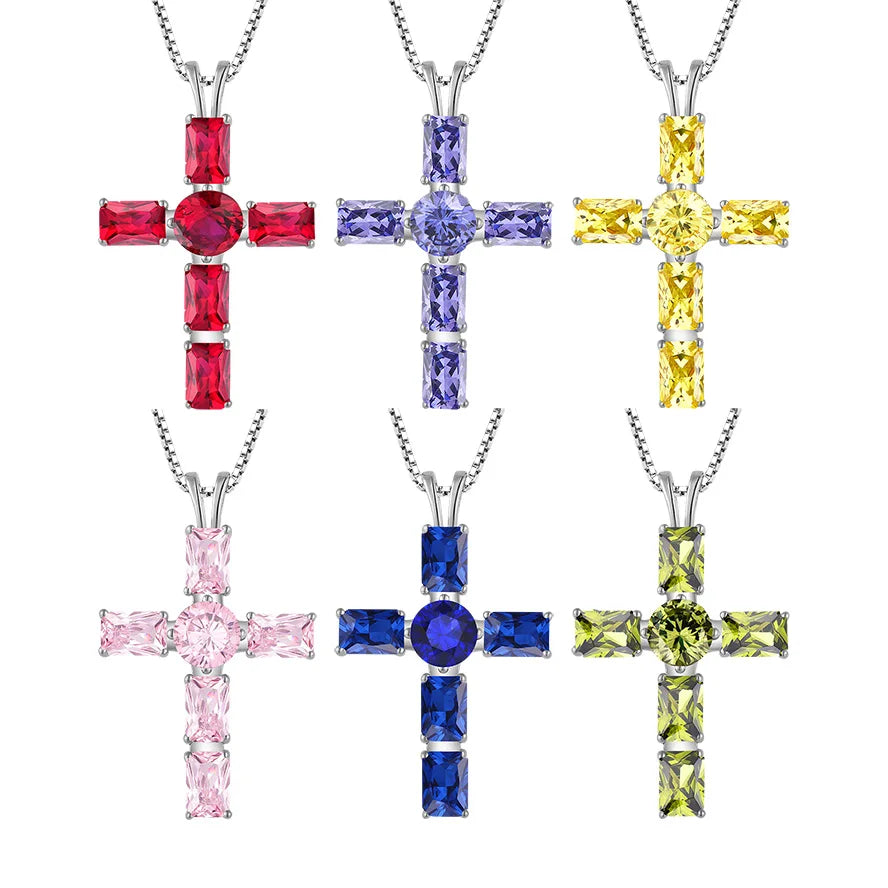 Fashion Religious Jewelry 925 Sterling Silver Colorful Zircon Cross Pendant Necklace