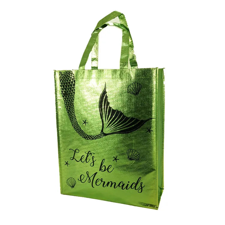 Custom logo Handle Green Metallic Eco-friendly Reusable Tote Shopping Bag With Logo