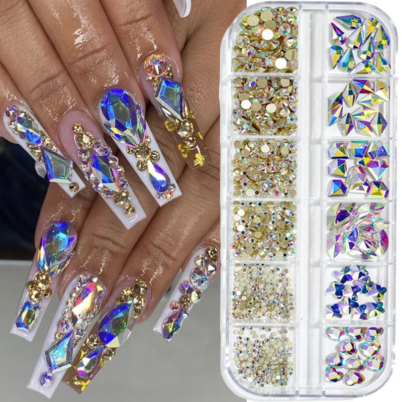 12Grids/Box AB Crystal Nail Art Rhinestones Glass SS4-SS16 Nail Stones Shiny Flatback 3D DIY Nail Art Charm Decoration