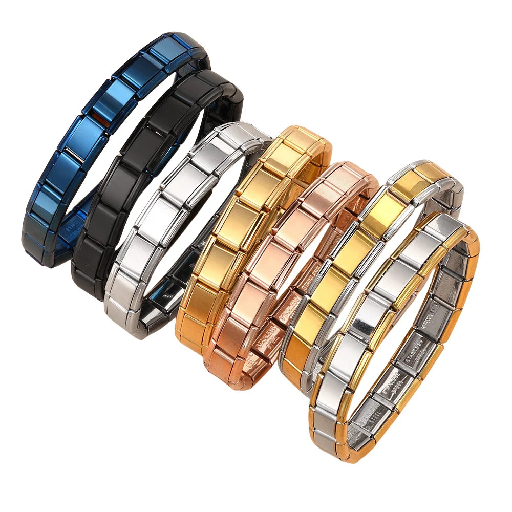 Wholesale Bulk Custom DIY Elastic Blue Black Gold Silver Link Charm Bracelet 9MM Stainless Steel Italian Charm Plain Bracelet