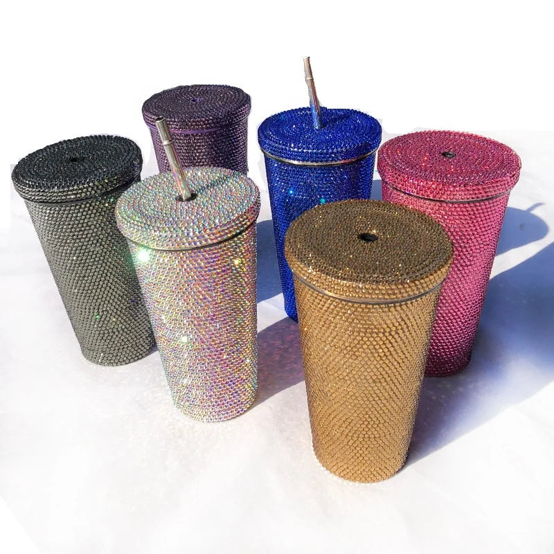 HC001 Luxury Stainless Steel Crystal Tumbler Diamond Cups Bling Full Rhinestone Coffee Travel Cups Gift Acrylic Gem