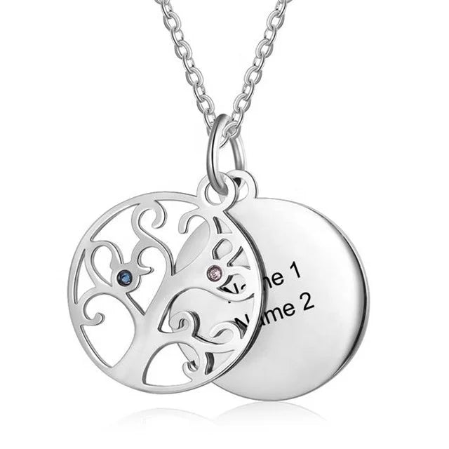 Yiwu Aceon Custom Gold Plated Stainless Steel Tree of Life Family Tree Necklace Birthstone Pendant Set with 2 Names for Children