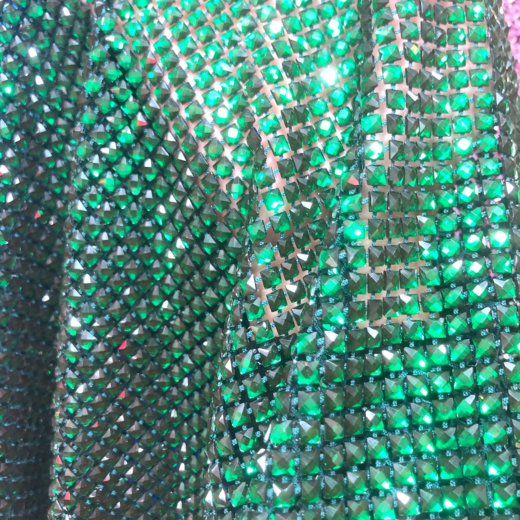 Haute Couture Emerald Green Crystal Rhinestone Square Diamonds Rhinestone Beaded Mesh Fabric