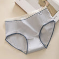 Women Vertical Stripe Natural Cotton Fabric Panties - Mid-Rise Underwear Fresh Lovely Style Breathable with Ruffles Trim