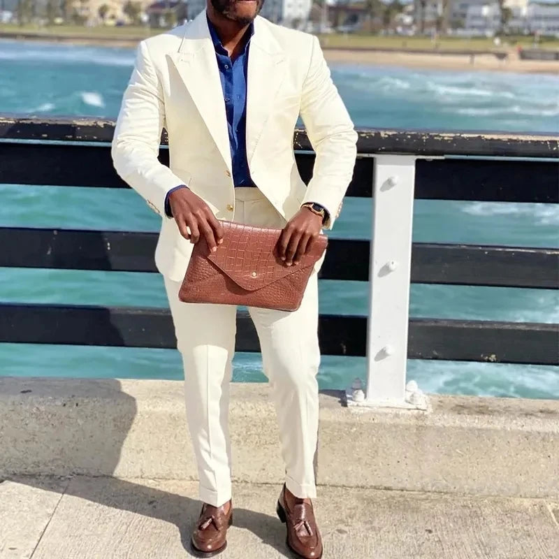 Beige Ivory Suit Tuxedos for Men 2 Piece Peaked Lapel Single Breasted Prom Wedding Suit Man Costume Mariage Homme Coat Pant
