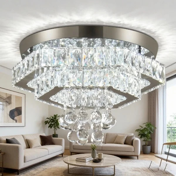 Luxury Modern LED Crystal Chandelier Cool White Light Double Layer Square Shape for Home Decor
