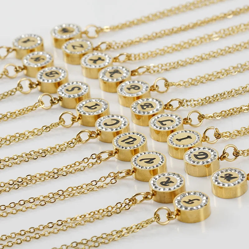 Fashion Round Rhinestone No Fade Color Stainless Steel 18k Gold Plated Initial Letter A-z Pendant Necklace