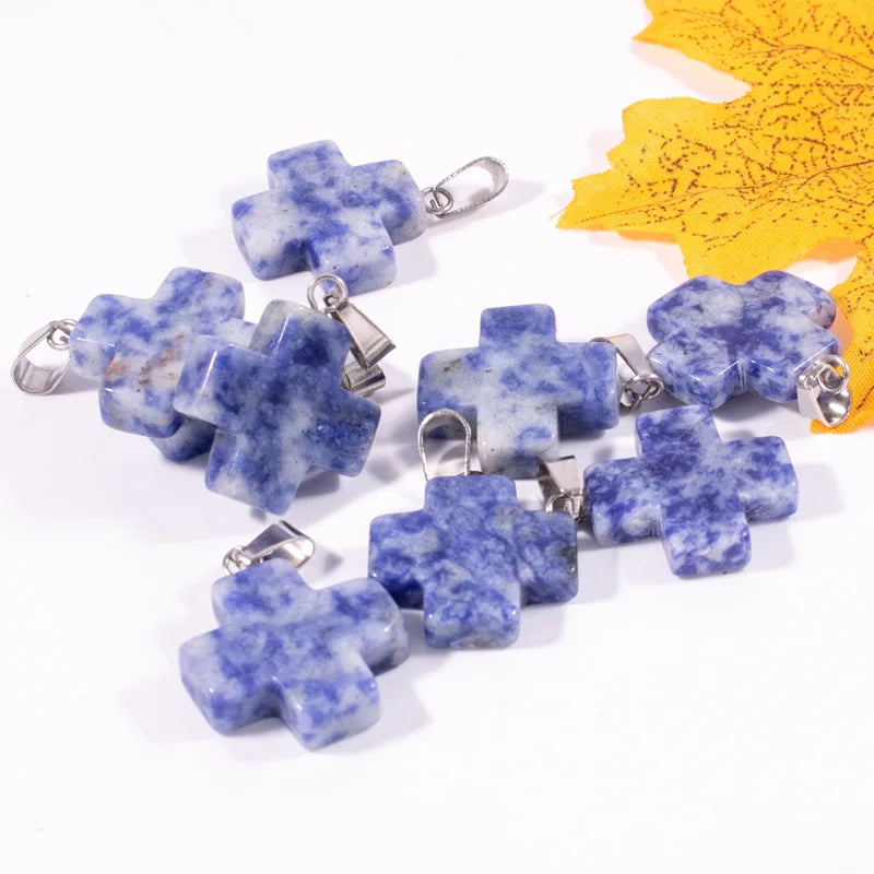 Huiying Chinese healing crystal blue spot jasper cross shape pendant