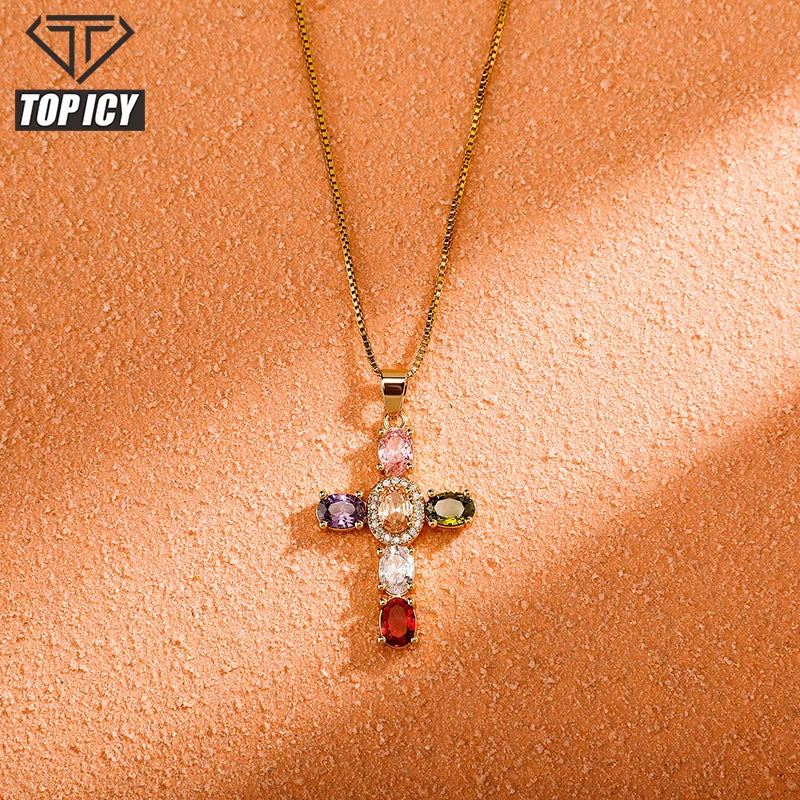 Luxury Micro Pave Zircon Cross Pendant Necklace Mix Color Box Link Chain Hip Hop Style Wedding & Party 18K Gold Plated Jewelry