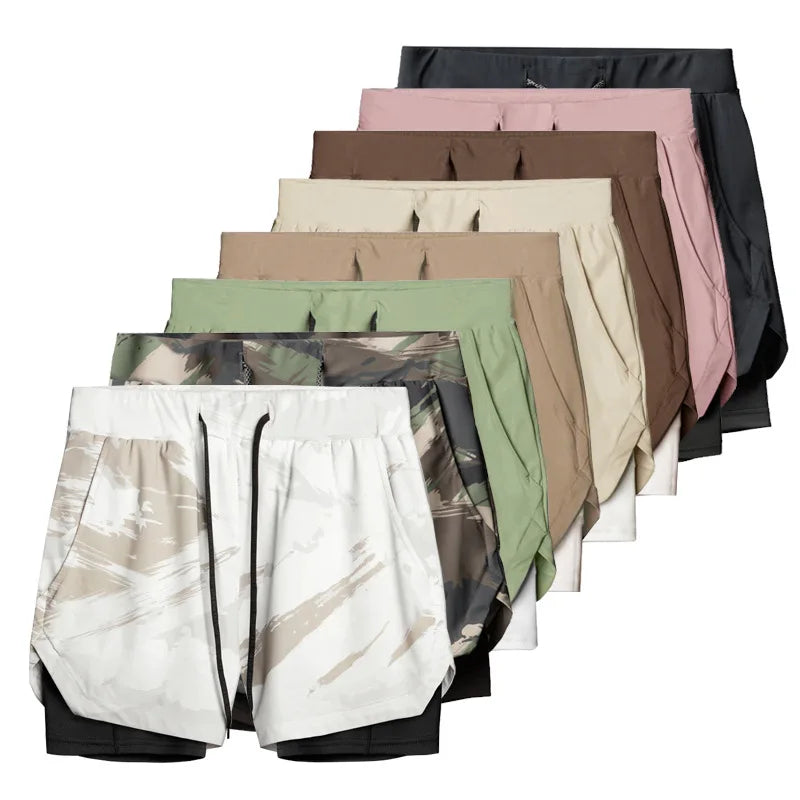 SHINBENE Camo Running Short Pants Men 2 in 1 Double-deck Quick Dry Sport Shorts