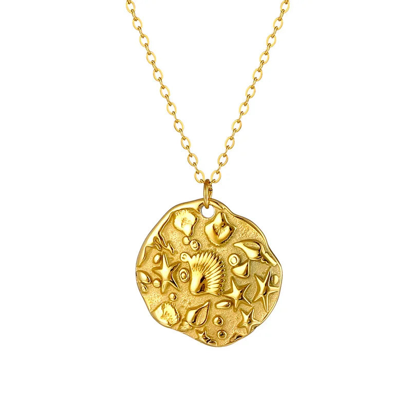 Irregular Shaped Sea Creature Embossed 18K Gold Plated Stainless Steel Women's Fashion Engagement Jewelry Pendant Necklace