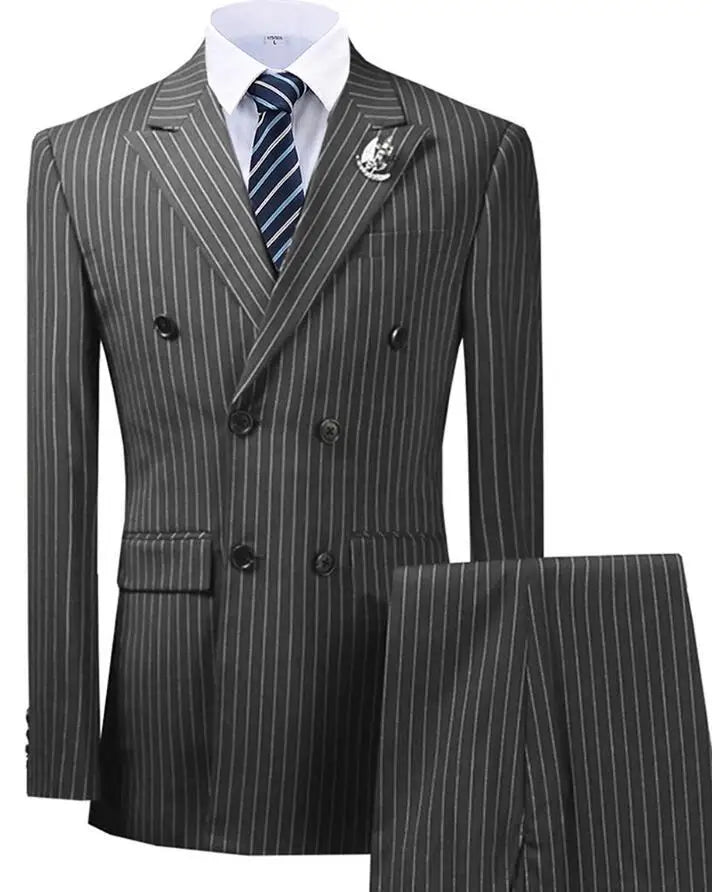 Latest Design Stripe Men Suit for Business Formal 2 Piece Double Breasted Blazer Slim Fit Wedding Male Groom Tuxedos Suits