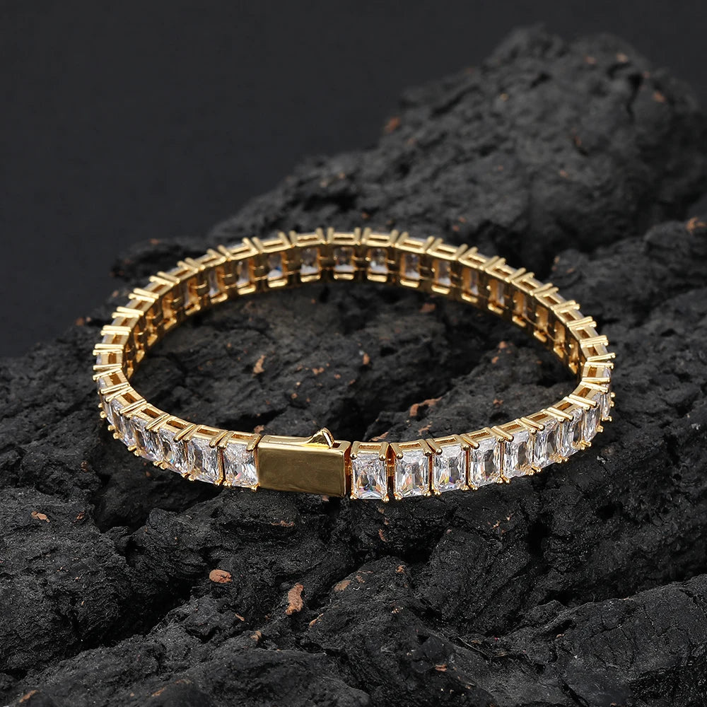 NUOYA 18K Gold Plated 6MM Rectangular Zircon Bracelet Full Diamond Hip Hop Silver Tennis Chain Bracelet Fine Jewelry for Gift
