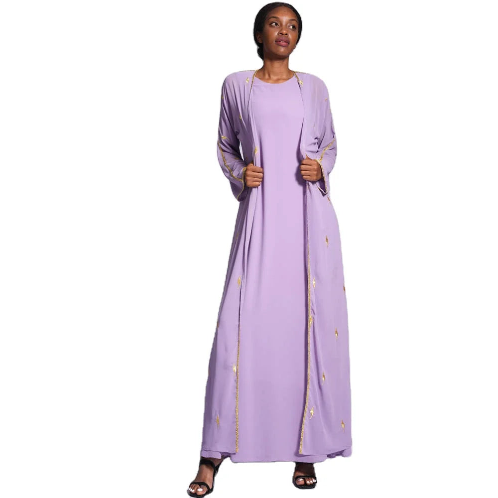 Solid Color Plain Color Pearl Chiffon Long Open Style Embroidery Leaf Lace Decoration Classic Fashion Style Islamic Femmes Abaya
