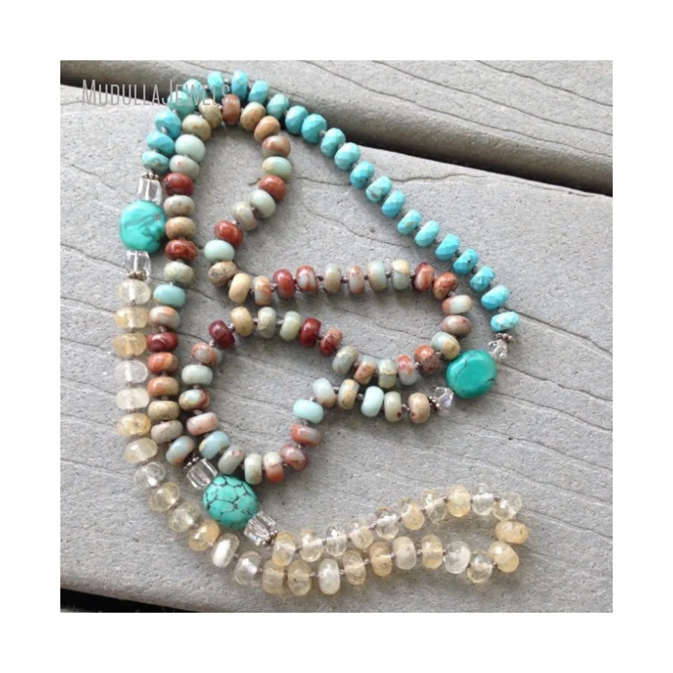 NM21468 Mudulla Women's Bohemian Vintage Long Layering Necklace Faceted Gemstones Ball Shape Hand Knotted Beads Chain Antique