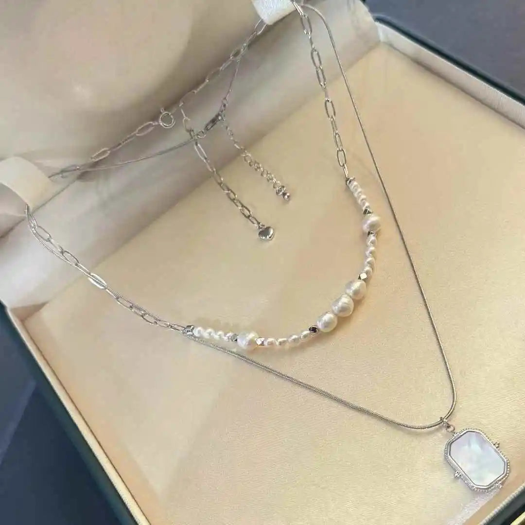 Double-Layer Baroque Starry Sky Mixed Shell Pendant Necklace 3-7mm Natural White Freshwater Pearls Great Value Product