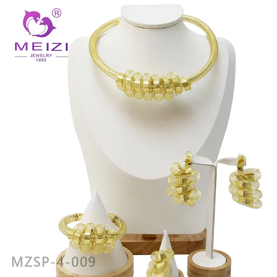 Wholesale Dubai 18K Gold Plated Handmade 4-Piece Large Jewelry Sets Earrings/Necklaces/Bracelets/Rings Wedding Engagement