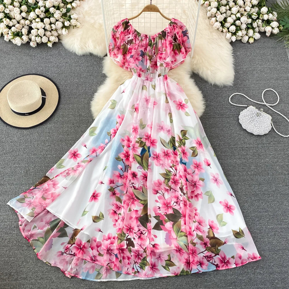 Boutique Wholesale 2026 Spring New Lotus Edge One Line Neck Printed High Waist Slimming Super Immortal Women's Dress