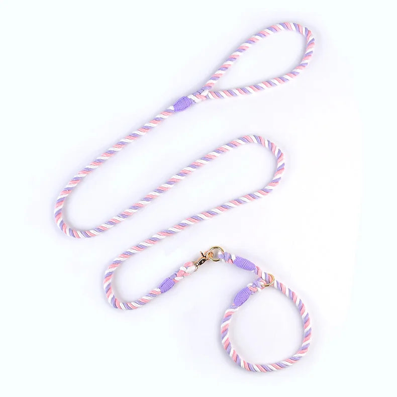 Wholesale Colorful Cotton Pet Collar Leash Handmade Heavy Duty Luxury Cotton Slip Hotsale Weave Braided Rainbow Cotton Dog Leash