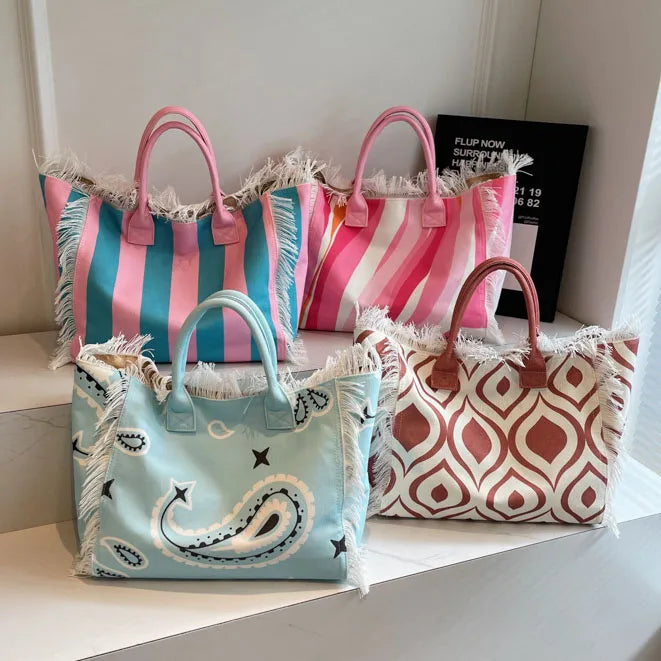 Custom Full Printed Color Stylish New Large Tassel Fringe Large Cotton Bag Summer Custom Women Canvas Tote Bag