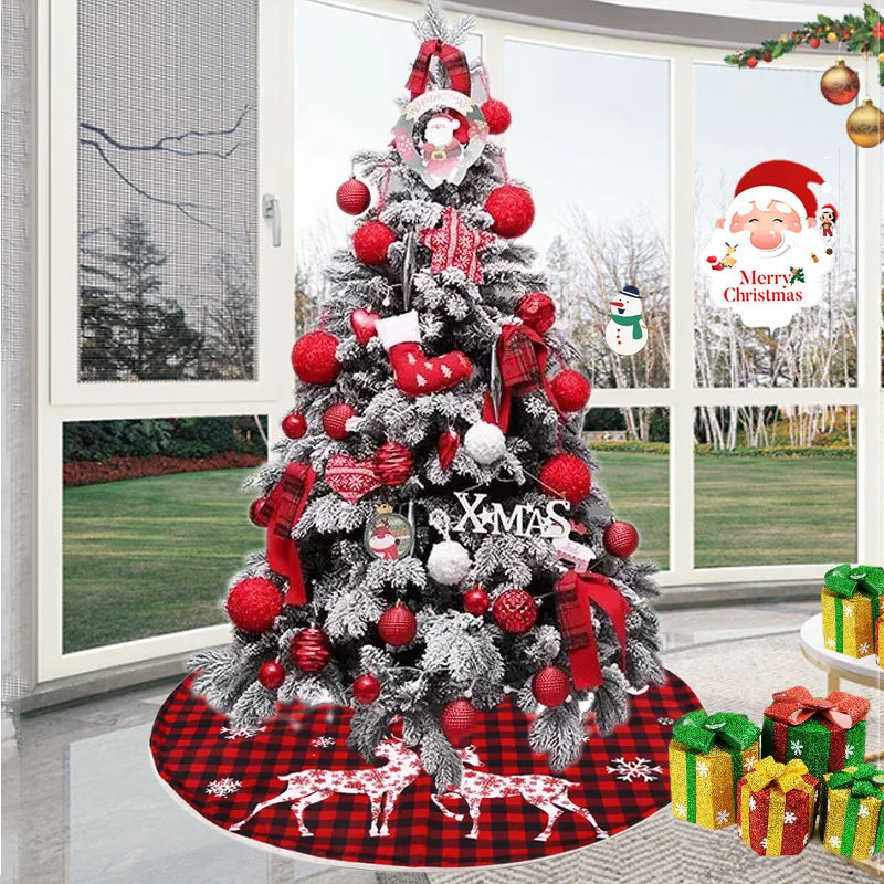 2022 New Christmas Ornaments Exquisite Red and Black Grid 119CM Letter Elk Christmas Tree Bottom Decoration Christmas Tree Skirt