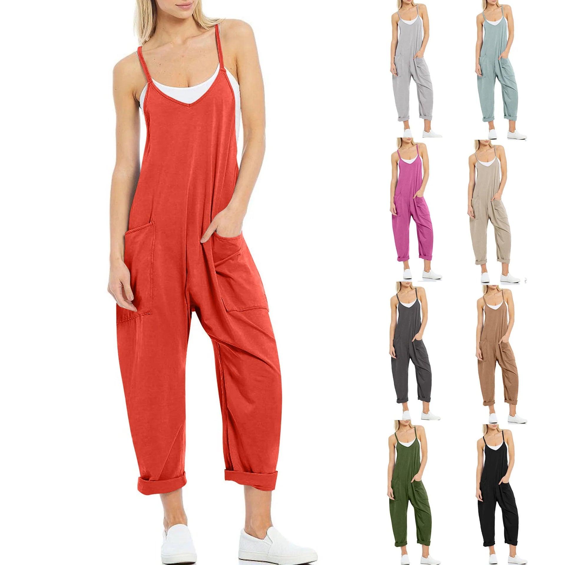 Women's Loose Casual V Neck Sleeveless Jumpsuits Adjustable Spaghetti Straps Harem Long Pants Overalls With Pockets