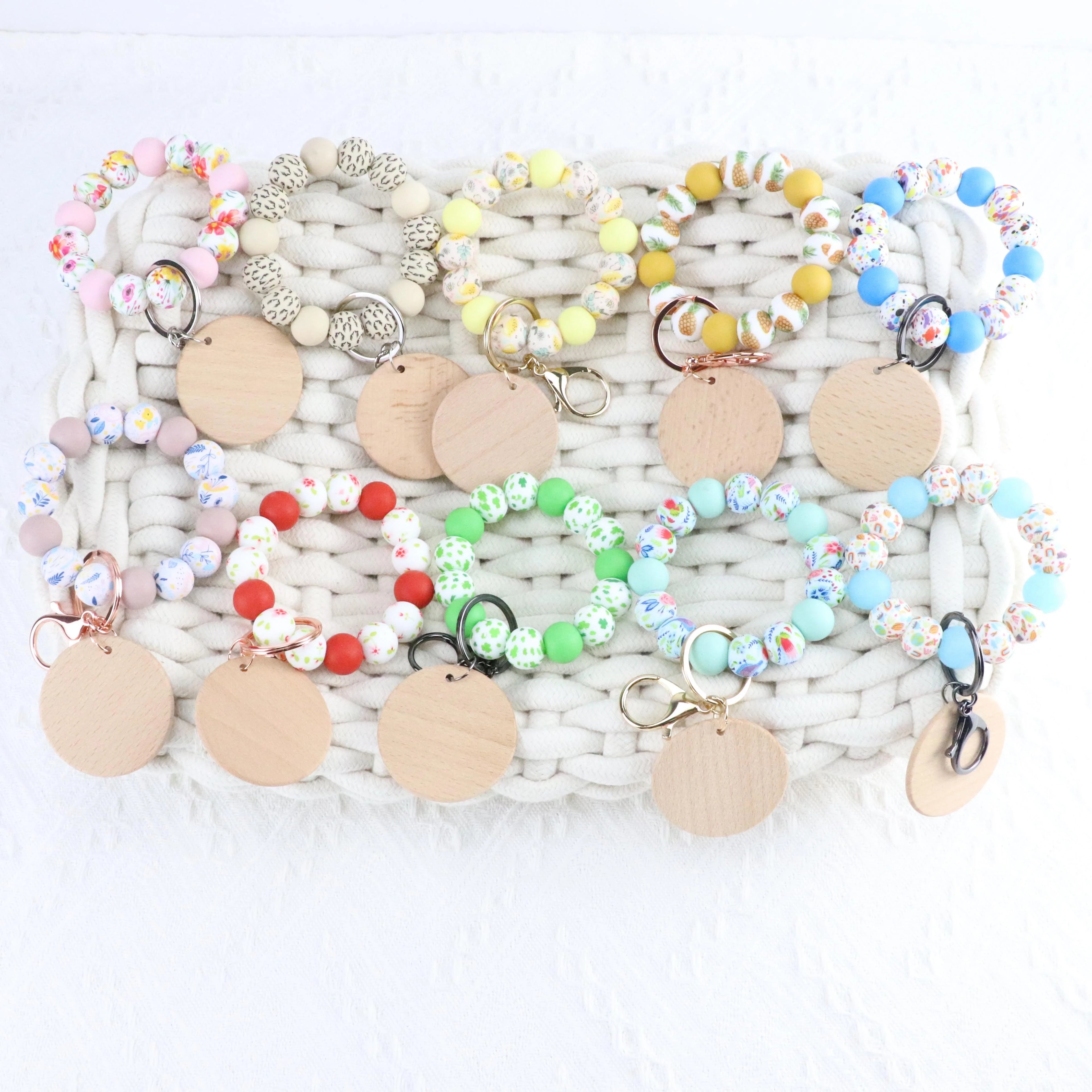 Handmade Eco-Friendly Cartoon Wristlet Key Chain with Wood Pendant and Silicone Beads Customized Name & Logo Promotion Gift